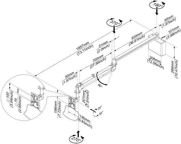 Technical Drawing for Cotytech MW M23WB Long Reach Wall Mount Medical Arm with Wall Box