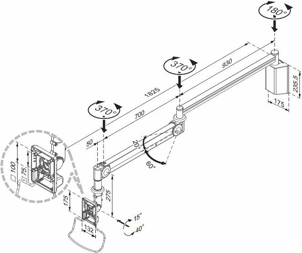 Technical drawing for Cotytech MW-M123PN Long Reach Wall Mount Medical Arm