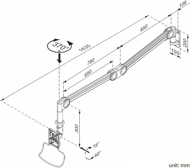 Technical drawing of Cotytech MW-M16P Long Reach Vertical Adjustable Medical Arm