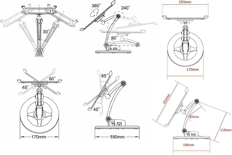 Technical drawing for Cotytech DWU-1W 3 or 4 Setting iPad Mount