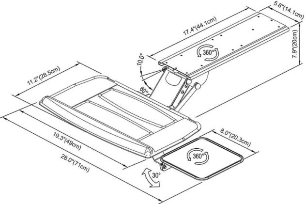 Technical drawing for Cotytech KGB-5A Fully Adjustable Keyboard Mouse Tray
