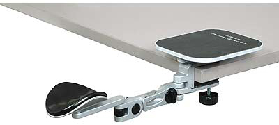 The EG-ErgoArm Adjustable Articulated Ergonomic Armrest is a fully-adjustable, articulated Ergonomic support for elbows, forearms, and wrists. Lightly Padded arm rest. Clamps to your desktop (up to 1-7/8 inches thick). Can be used for right or left hand. Chrome - Putty finish.