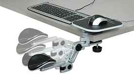 The EG-ErgoArm Armrest is a fully-adjustable, articulated Ergonomic support for elbows, forearms, and wrists. Lightly Padded arm rest. Chrome - Putty finish. Clamps to your desktop (up to 1-7/8 inches thick. Can be used for right or left hand.