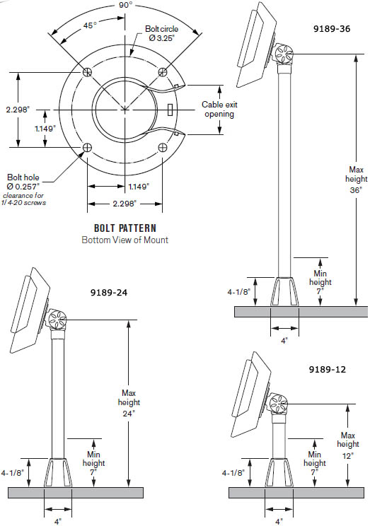 Technical Drawing for Innovative 9189-36 Height Adjustable (7"-36") POS Through Counter Pole Mount