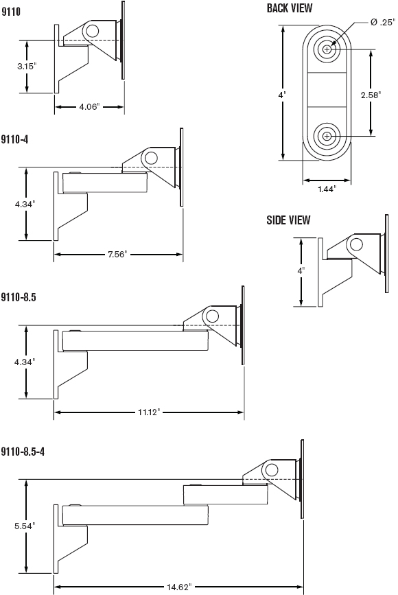 Dimensional Diagram for Innovative 9110 Pivoting LCD TV Wall Mount