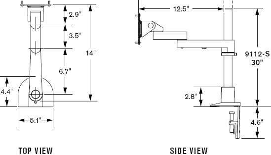 Technical Drawing for Innovative 9112-S-30-NM Articulating LCD Pole Mount Arms with 30" Pole and 14" Horizontal Reach