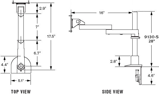 Technical Drawing for Innovative 9130-S-28 Long Reach Flat Panel Monitor Mount - 28