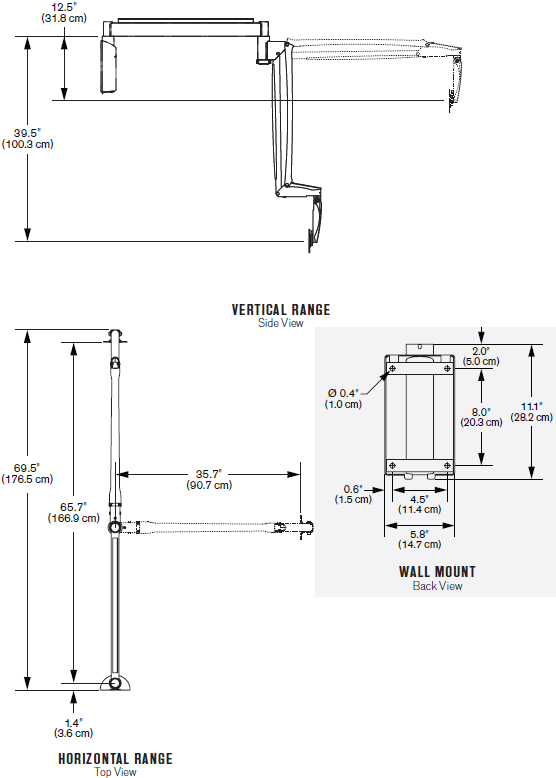 Technical Drawing for Innovative 9450 Long Reach Point of Care Wall Mount Arm
