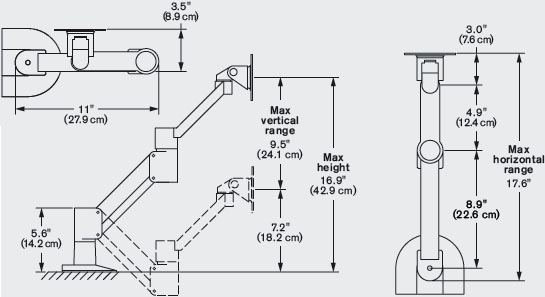 Technical Drawing for Innovative 3545 Short Reach Monitor Arm with Fixed 45° Forearm