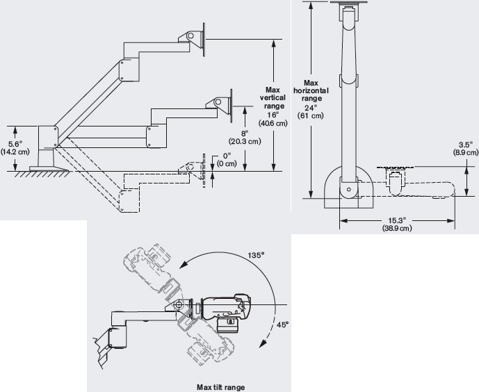 Technical Drawing for Long Reach Camera Arm - ErgoDirect EDC-1201C