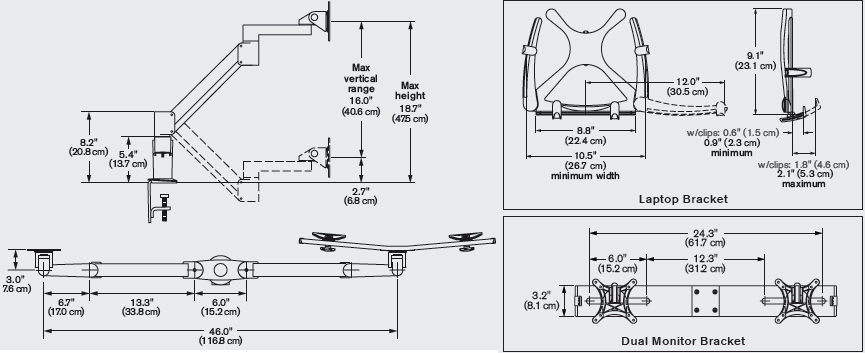 Technical Drawing for Innovative 7050-Switch Height Adjustable Dual LCD & Tablet Mount