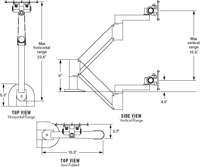 Technical Drawing for Innovative 9105-XHD Extra Heavy Duty (69.1 lb) LCD Monitor Arm