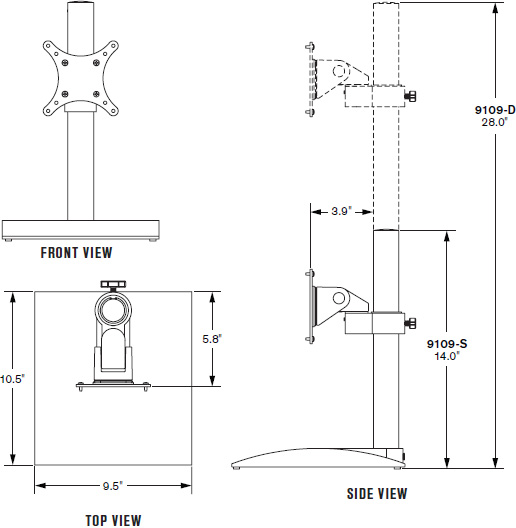 Technical drawing for Innovative 9109-D-28 Dual Monitor Desk Stand with Pivot and Tilt