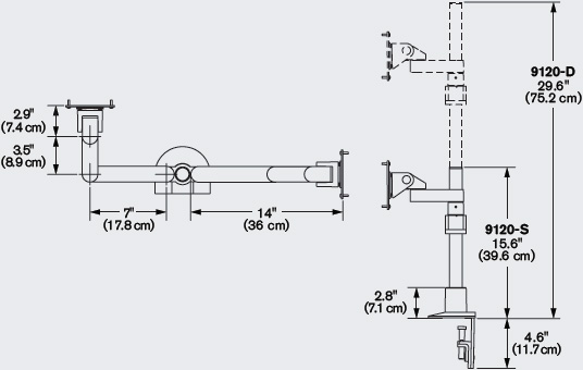 Technical Drawing for Innovative 9120-D-28 Two-Tier Quad Monitor Arm with 28