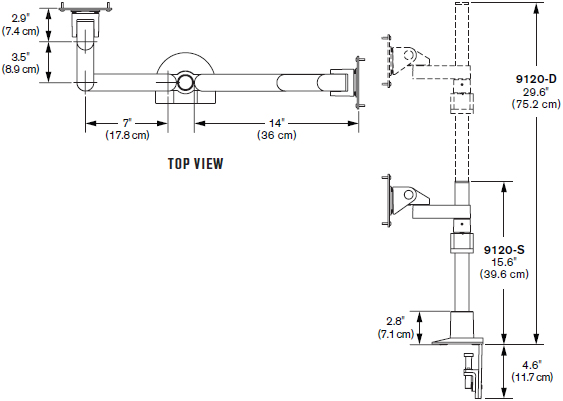 Technical Drawing for Innovative 9120-S-14 Side-by-Side Dual Monitor Mount - 14