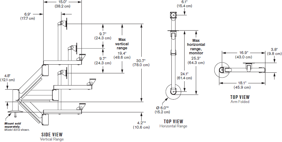 Technical Drawing for Innovative 9139 Heavy-duty Data Entry Monitor Arm - Up to 53 lbs