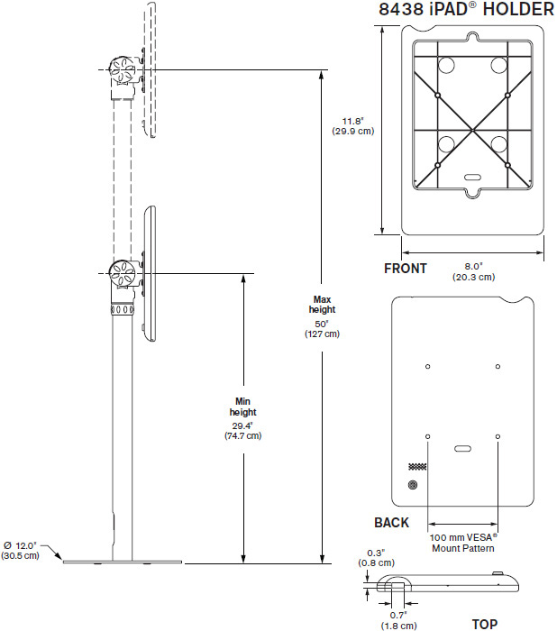 Technical Drawing for Innovative 9230-8438 Free Standing iPad Mount