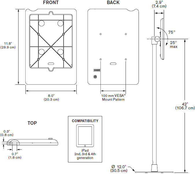 Technical Drawing for Innovative 9231-8438 Light Duty Free Standing iPad Mount