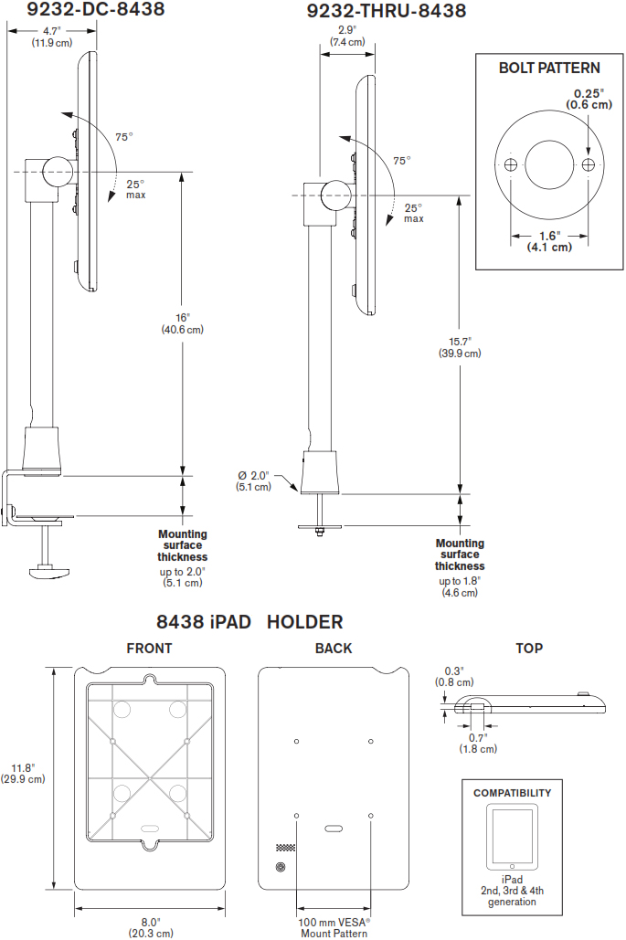 Technical Drawing for Innovative 9232-14-8438 Light Duty iPad Pole Mount