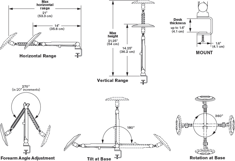 Technical drawing for Innovative TBLK-DC Tablik - Tablet and iPad Arm Desk Mount