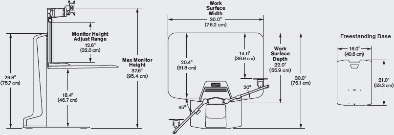 Technical drawing for Innovative WNSTE-1 Winston-E Single Monitor Sit-Stand Workstation