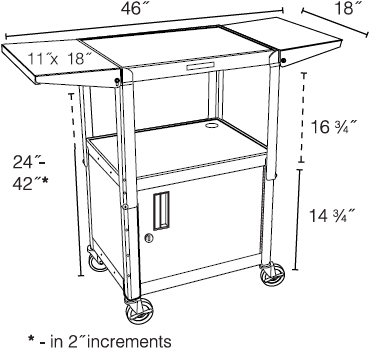 Technical drawing for Luxor AVJ42CDL Adjustable Steel Cart with Cabinet and Drop Leaf