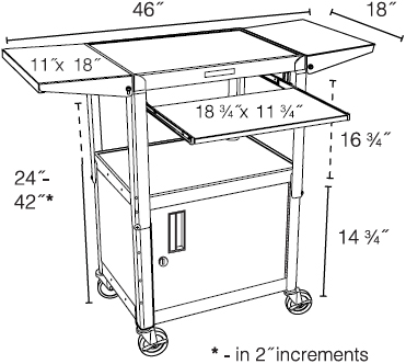 Technical drawing for Luxor AVJ42KBCDL Adjustable Steel Cart w/ Cabinet, KB Tray & Drop Leaf