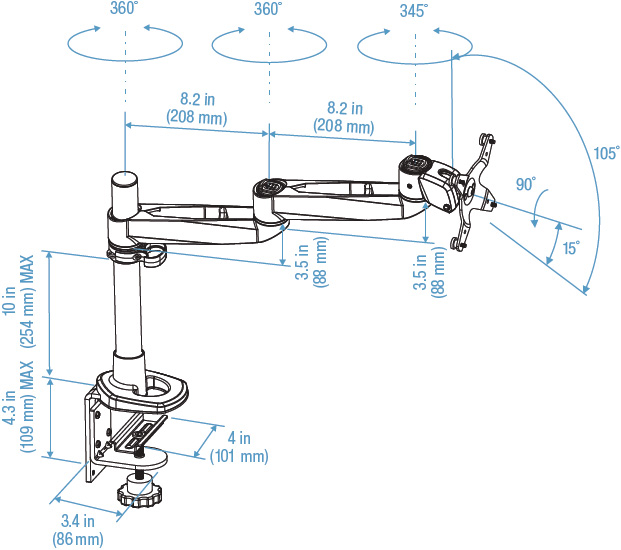 Technical drawing for 3M MA140MB Mechanical Adjust Desk-Mounted Single Monitor Arm