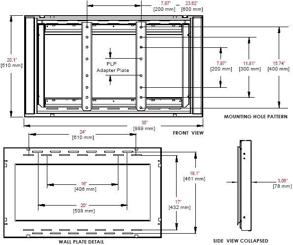 Technical Drawing for Peerless DS-VW660 Flat Video Wall Mount for 40" to 65' Displays