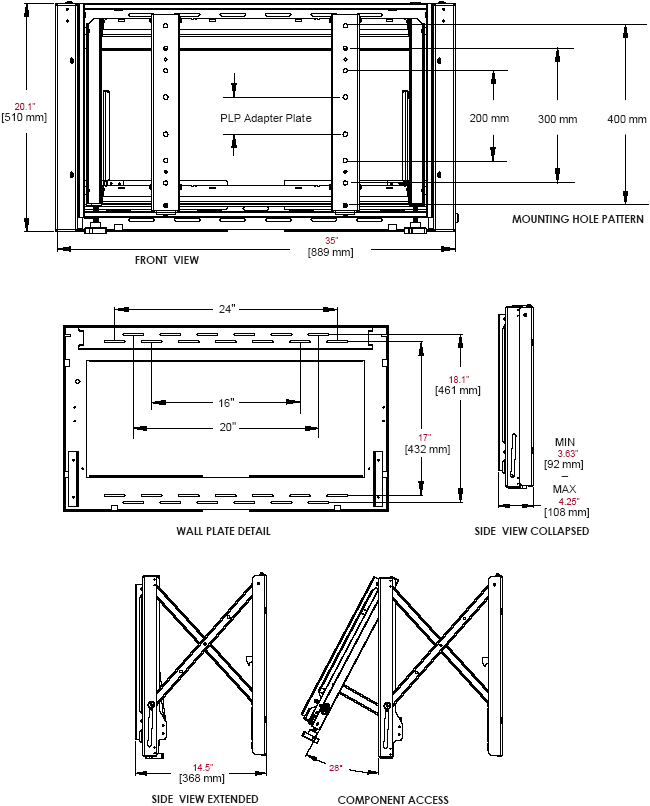 Technical Drawing for Peerless DS-VW760 Full Service Video Wall Mount for 40" to 65' Displays