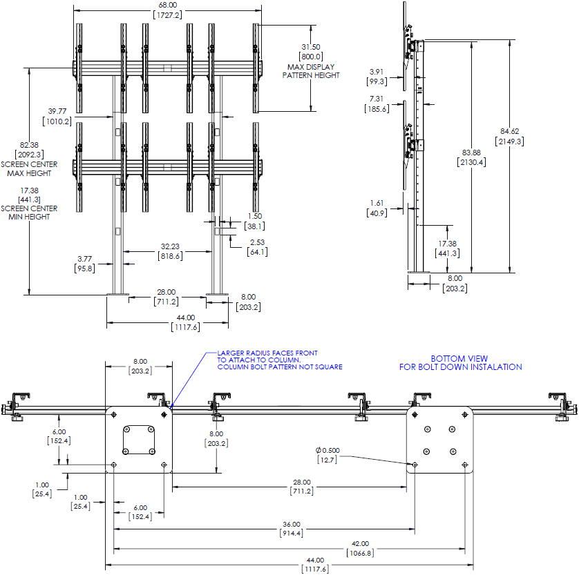 Technical Drawing for Chief LBM3X2UP 3x2 Portrait Bolt-Down Freestanding Video Wall