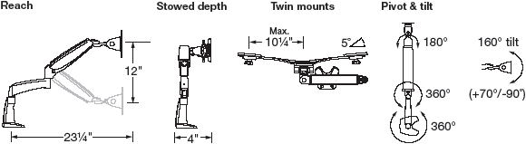 Technical Drawing for Workrite PA4000 Poise Twin Flat Panel Display LCD Monitor LED Arms