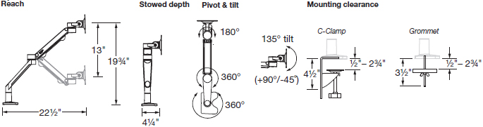 Technical Drawing for Workrite Willow LCD Monitor Arm for Lighter Monitor