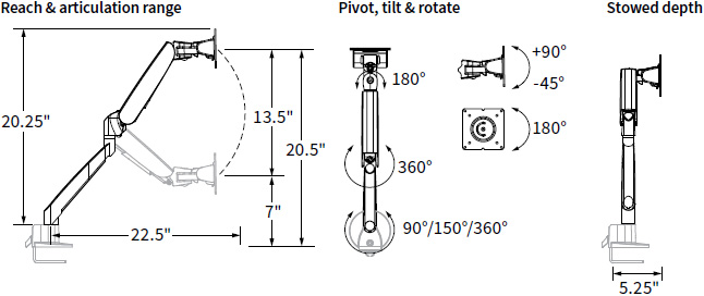 Technical drawing for Workrite CONF-1HDA-WOB-S Conform Heavy Duty Articulating Arm