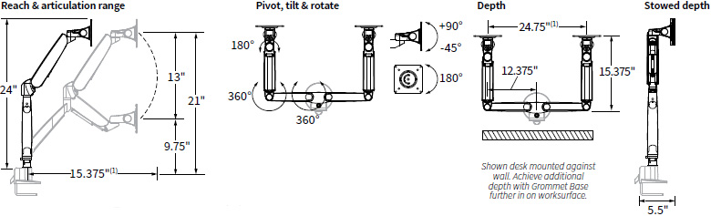 Technical drawing for Workrite CONF-2SDA-WOB-S Conform Dual Articulating Monitor Arm