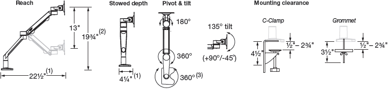 Technical Drawing for Workrite WA2000 Willow Dual Wide Monitor Arm