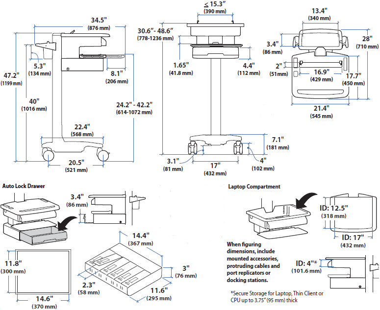 Technical Drawing of Ergotron SV31-6110-0 StyleView PHD Laptop Cart with 1 Drawer, non-powered