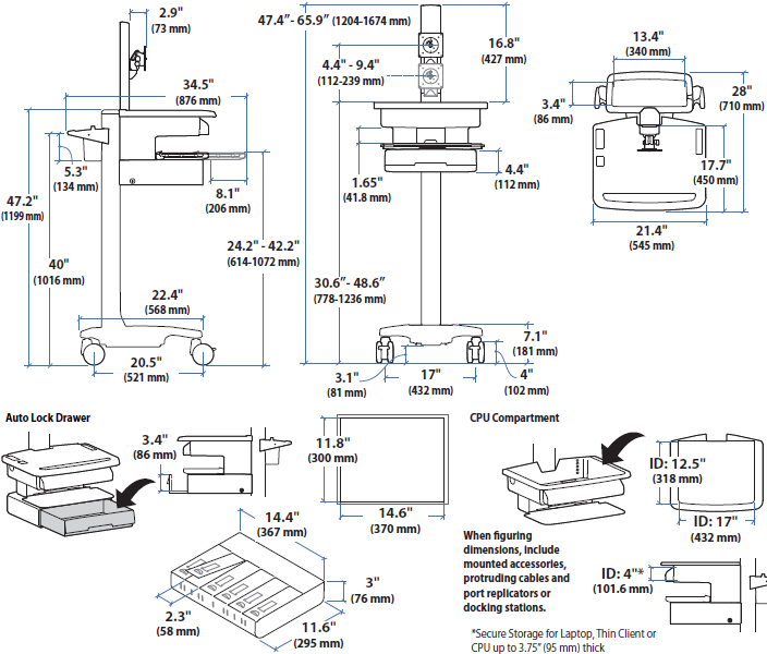 Technical Drawing of Ergotron SV31-6310-0 StyleView PHD LCD Cart with 1 Drawer, non-powered
