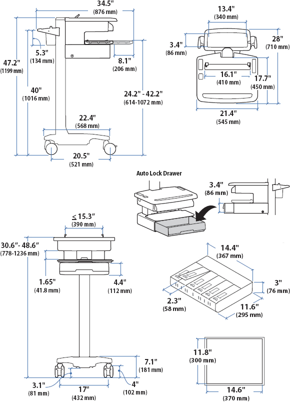 Technical Drawing for Ergotron SV31-80111 StyleView Patient healthcare Delivery PHD Notebook Cart with 1 Drawer and Non-powered (white/grey)