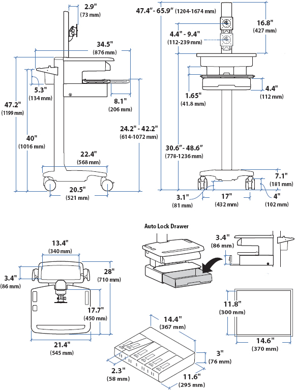 Technical Drawing for Ergotron SV31-80211 StyleView Patient healthcare Delivery PHD LCD Cart with 1 Drawer and Non-powered (white/grey)