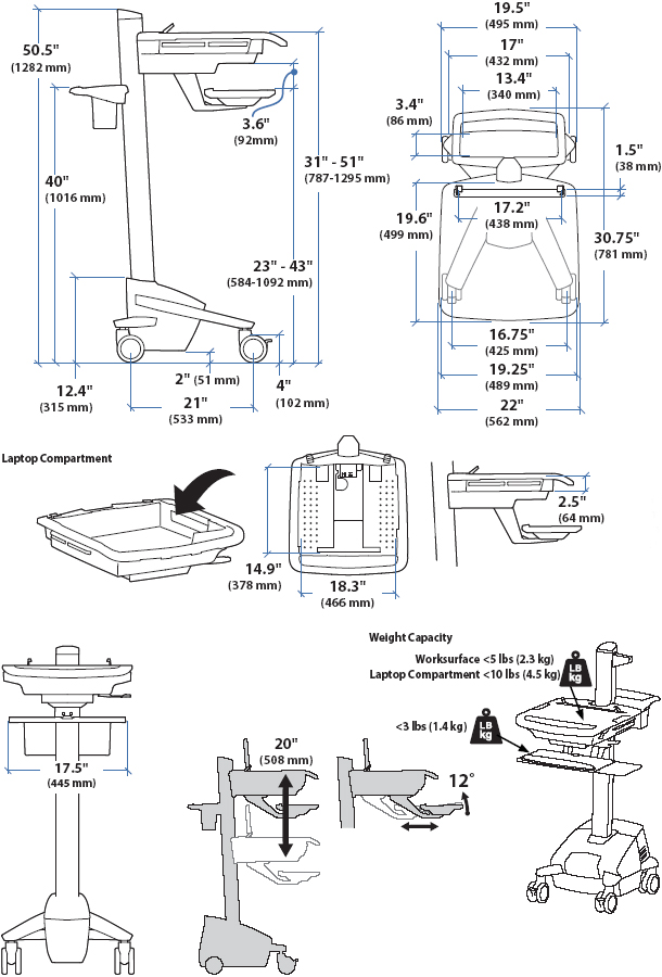 Technical Drawing of Ergotron SV41-41004 StyleView EMR Laptop Cart, non-powered