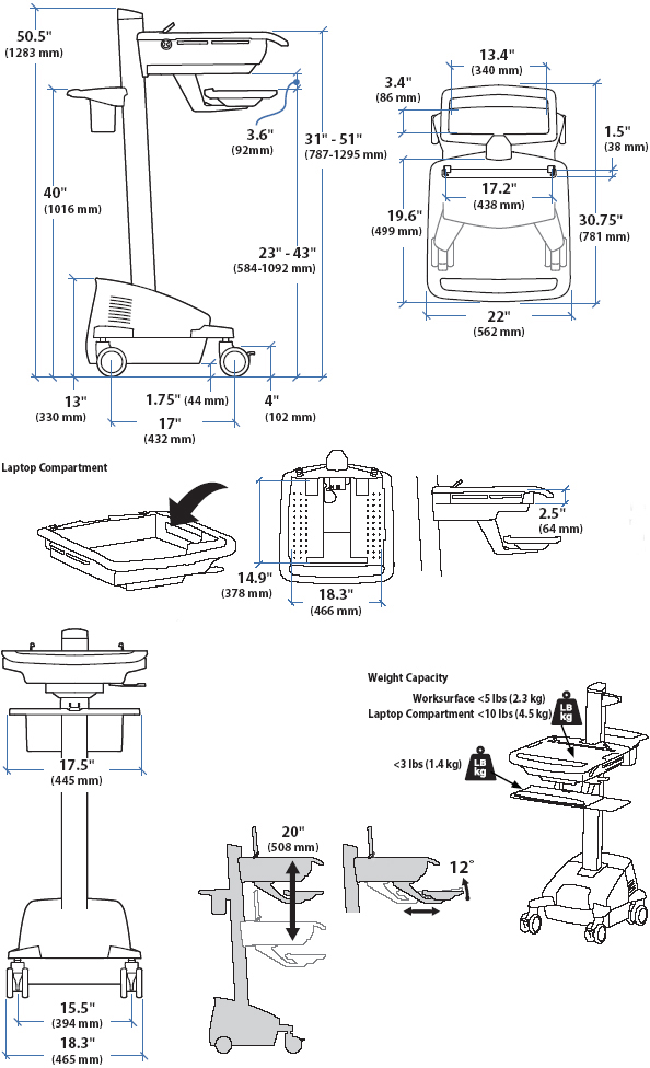 Technical Drawing of Ergotron SV42-42304 StyleView EMR Laptop Cart, LiFe Powered