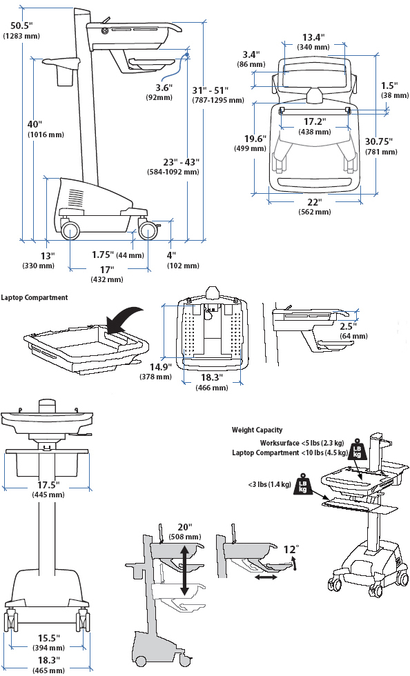 Technical Drawing of Ergotron SV42-42402 StyleView EMR Laptop Cart, Powered