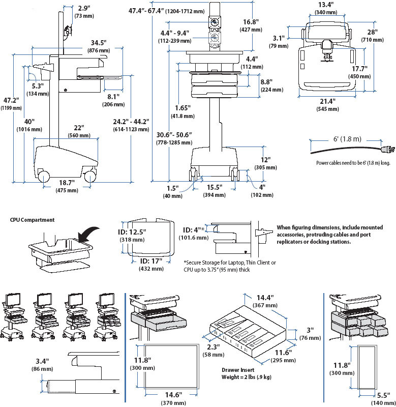 Technical Drawing of Ergotron SV32-91224 StyleView PHD LCD Cart with 4 Drawers and Powered