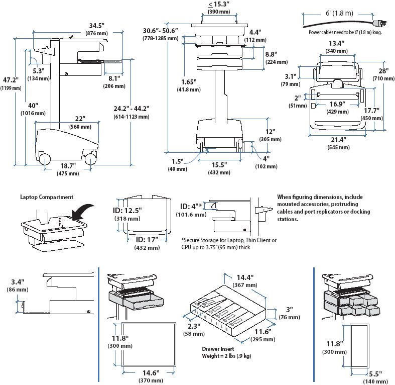 Technical Drawing of Ergotron SV32-51122 StyleView PHD Notebook Cart with 2 Drawers and LiFe Powered