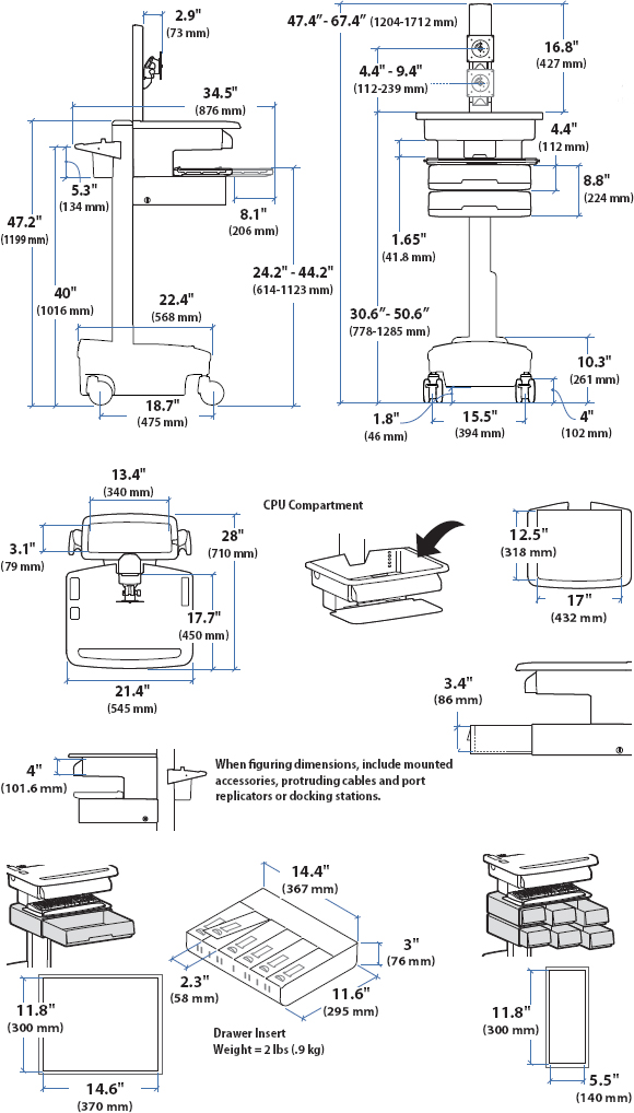 Technical Drawing for Ergotron SV32-81224 StyleView Patient healthcare Delivery PHD LCD Cart with 4 Drawers and Powered (white/grey)