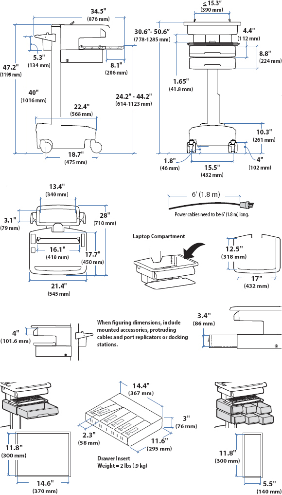 Technical Drawing for Ergotron SV32-81124 StyleView Patient healthcare Delivery PHD Notebook Cart with 4 Drawers and Powered (white/grey)