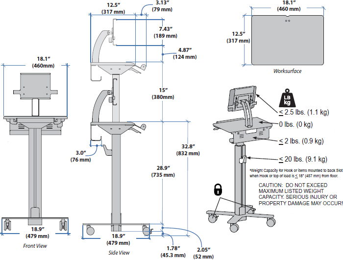 Technical drawing for Ergotron SV10-1400-0 StyleView Tablet Cart, SV10, non-powered