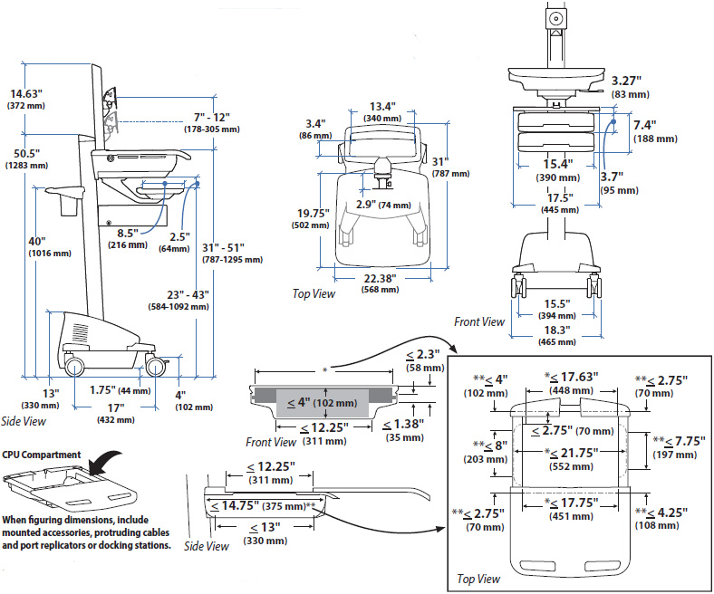 Technical drawing for Ergotron SV44-13C2-1 SV Cart with LCD Pivot, (2x1) Tall Drawers