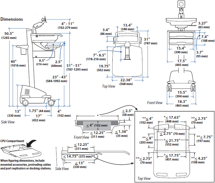 Technical drawing for Ergotron SV44-12A2-1 SV Cart with LCD Arm, LiFe Powered, 2 Drawers